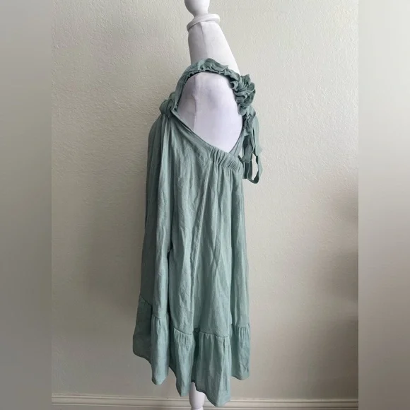 Blue-green Tiered Mini Sundress with Square Neck/ Ruffle Cinched Shoulder Straps - Picture 7 of 13